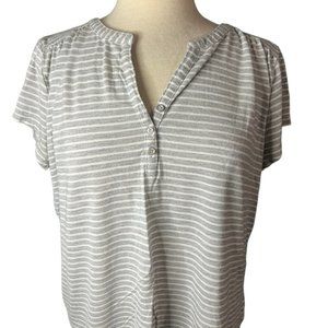 Liz Claiborne‎ Woman Tan Beige Plus Striped Short Sleeve V-Neck T-Shirt Top 1X